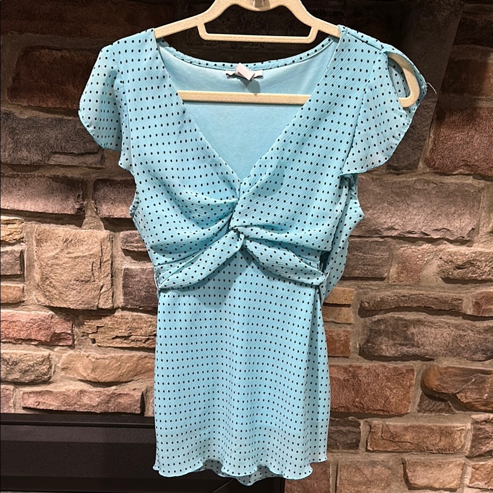 Blue Polka Dot Blouse with Twist Front